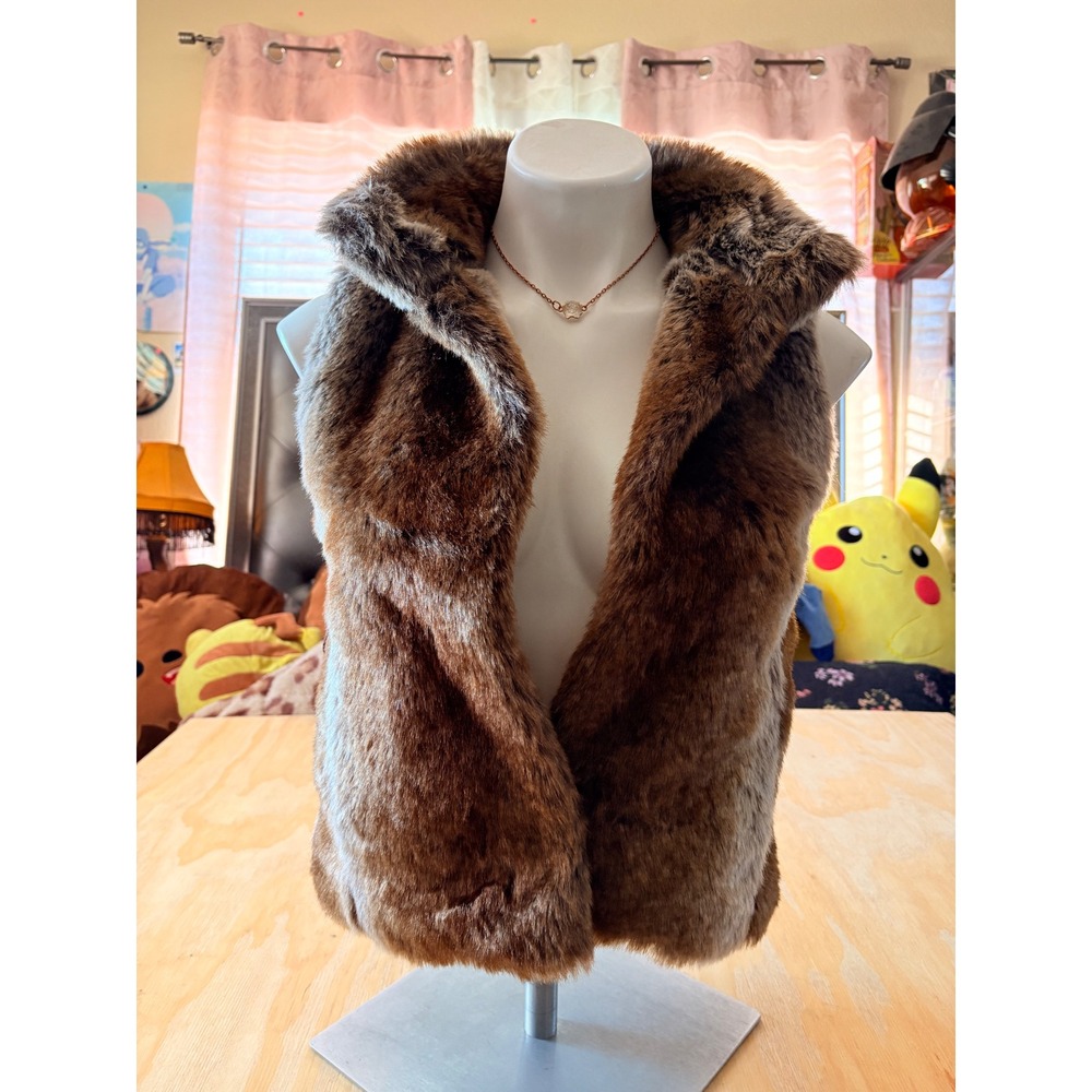 Y2K Vintage Epic Threads Faux Fur Vest Brown Open Front Jacket Womens Large